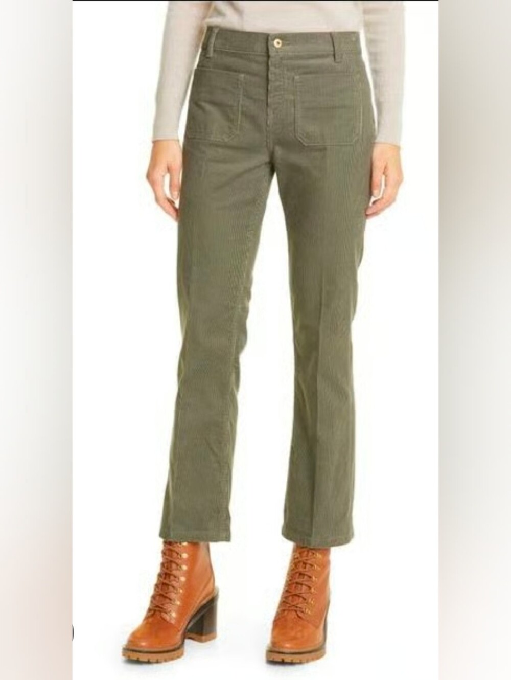 Tory Burch Patch Pocket Bootcut Corduroy Olive Green Pants Size 28